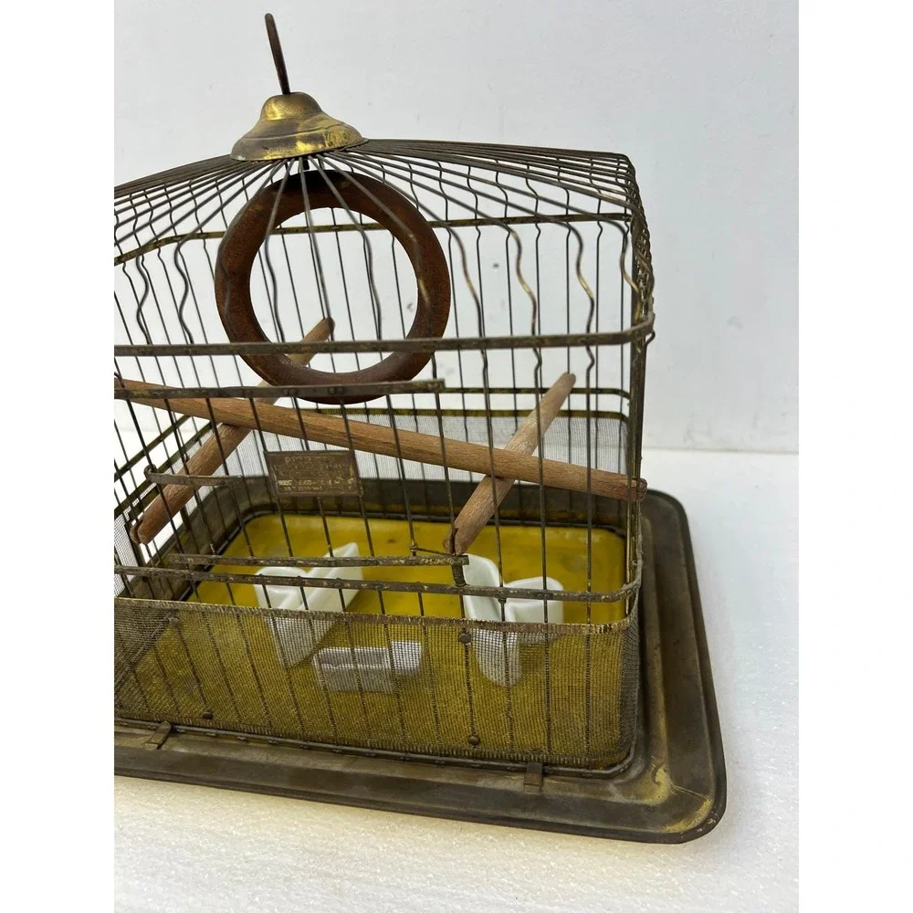 Hendryx Antique Brass Bird Cage Vintage Wire Pet w Porcelain Feeders Perch Gold